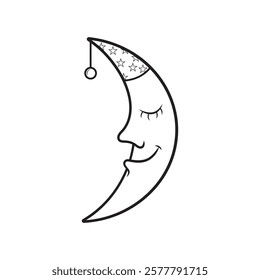 A crescent moon with a sleeping face and a starry cap. This celestial line drawing is perfect for dream-themed prints, children's illustrations, and nighttime decor.