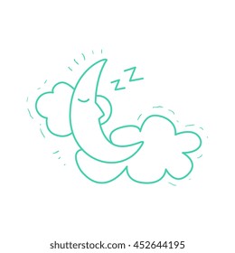 Crescent Moon Sleeping On The Clouds Hand Drawn Childish Illustration In Funny Comic Style On White Background