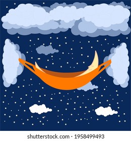 The crescent moon is sleeping in the orange hammock. Di background is dark night which full by bright stars.