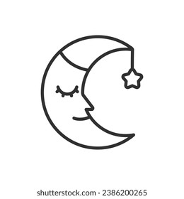 Luna de media luna durmiendo, gorra de sueño, icono lineal. Línea con trazo editable