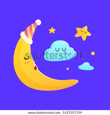Crescent moon slept beside with clouds and little stars.