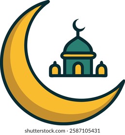 Crescent moon with small green mosque representing Ramadan devotion and peace.