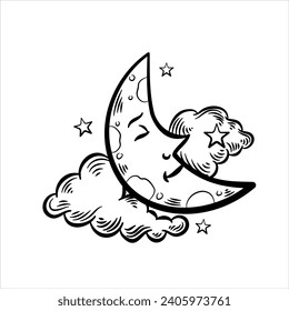 the crescent moon smiles sweetly in the clouds. vector icons. suitable for t-shirt designs, mugs, or pictures.