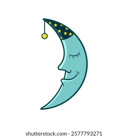 A crescent moon smiling beneath a starry nightcap. Ideal for whimsical designs, bedtime stories, and celestial projects.