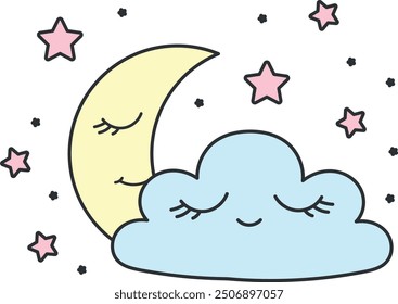 Crescent moon and smiling cloud with stars in a doodle style. Sweet Dreams.