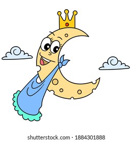 crescent moon with smiling face with crown, doodle icon image. cartoon caharacter cute doodle draw