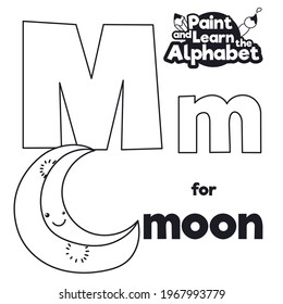 Crescent moon with smiling face, ready to be colored during didactic learning of the letter 'M' of the alphabet .