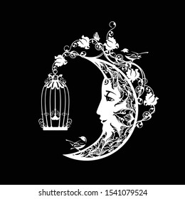 crescent moon with smiling human profile face and bird cage, rose flowers and little birdies - good night and sweet dreams black and white vector concept design