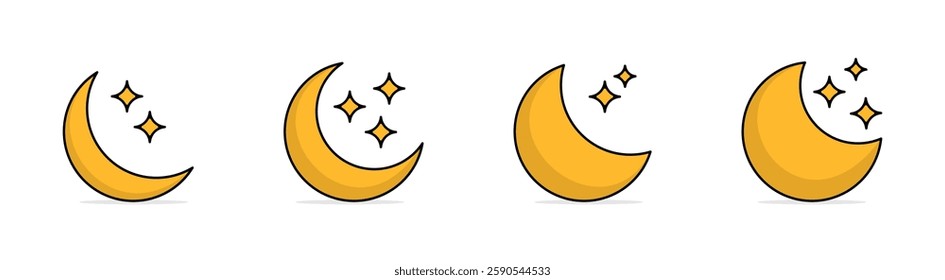 Crescent Moon with Sparkling Stars Vector Icons Set