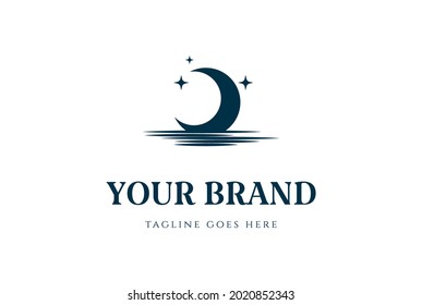 Crescent Moon and Star with Beach River Lake Creek Logo Design Vector