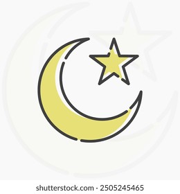 Crescent Mond und Stern Cartoon flache Linie Kunst. Illustration von Crescent Mond und Stern, perfekt für Bedürfnisse im Zusammenhang mit Islam, Islam, Radan, eid al-adha, eid al-fitr, und mehr.