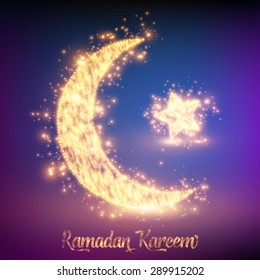 Crescent moon and star constructed of orange glowing particles on colorful background. Ramadan Kareem. Shiny decorative moon and star.