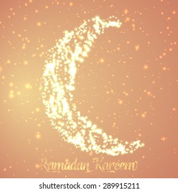 Crescent moon and star constructed of orange glowing particles on orange background. Ramadan Kareem. Shiny decorative moon.