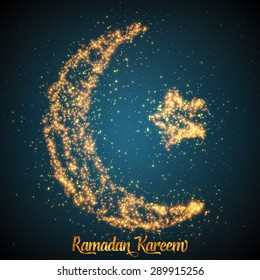 Crescent moon and star constructed of orange glowing particles on dark blue background. Ramadan Kareem. Shiny decorative moon and star.