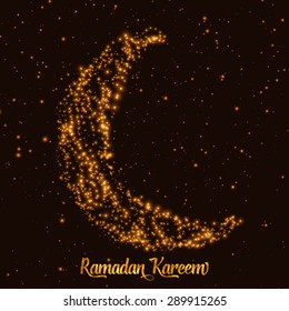 Crescent moon and star constructed of orange glowing particles on dark background. Ramadan Kareem. Shiny decorative moon.