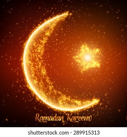 Crescent moon and star constructed of orange glowing particles on red background. Ramadan Kareem. Shiny decorative moon and star.