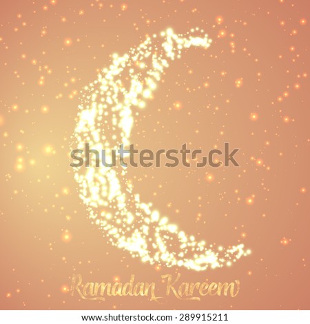 Crescent moon and star constructed of orange glowing particles on orange background. Ramadan Kareem. Shiny decorative moon.