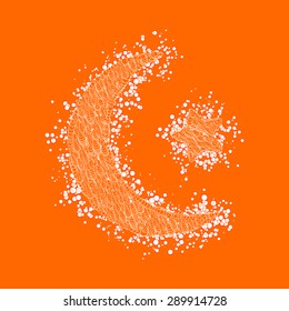 Crescent moon and star constructed of white particles on orange background. Ramadan Kareem. Shiny decorative moon and star.