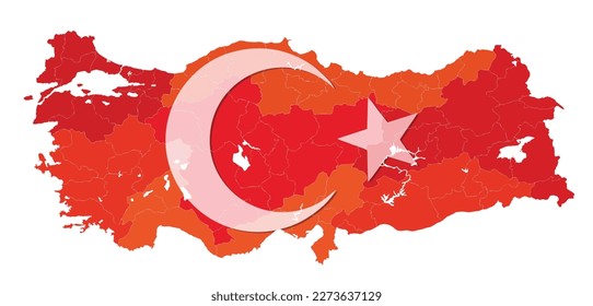 Crescent Mond und Stern als Verkörperung des Symbols der Türkei auf der Landkarte der Türkei. Vektorgrafik einzeln auf weißem Hintergrund. eps