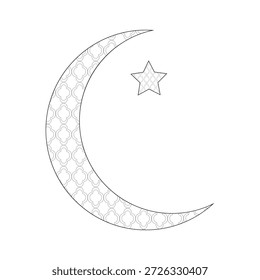 Lua crescente e estrela com padrão geométrico árabe, esboço preto e branco. Ilustração vetorial. Conceito de feriado do Ramadã, isolado no fundo branco. Ornamento geométrico abstrato.