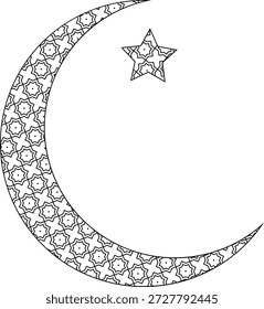 Halbmond und Stern mit geometrischem arabischem Muster, schwarz-weiße Skizze. Vektorgrafik. Ramadan-Urlaubskonzept einzeln auf weißem Hintergrund. Abstraktes geometrisches Ornament.