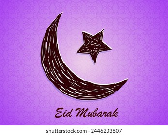 Crescent Moon With Star Greeting Card on Purple Texture Background For Muslim Community Festival, Eid Mubarak Celebration.