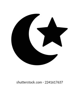 The crescent moon and star icon in front of it in black solid style