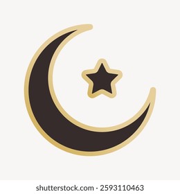 Crescent moon and star icon. Moon and star in gold and black. Simple moon and star design. Moon and star symbol on a light background. Vector illustration.