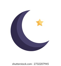 Luna creciente y estrella icono cielo nocturno símbolo azul oscuro fase lunar con estrella dorada sobre fondo blanco