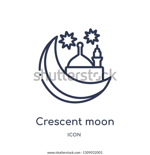 crescent moon and star icon from religion\
outline collection. Thin line crescent moon and star icon isolated\
on white background.