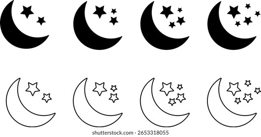 Crescent moon with star icon set. evening sleep calmness and spiritual design. moon and star trendy style. glowing stars decorative
