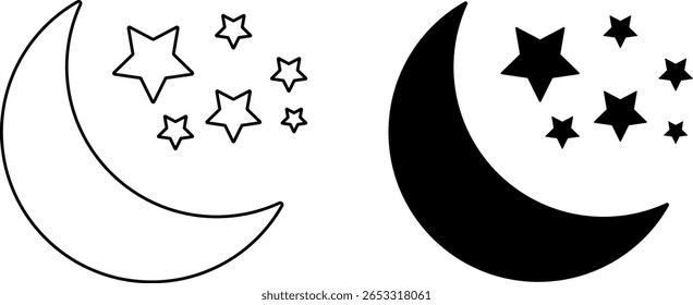 Lua crescente com ícone de estrela definido. noite sono calma e design espiritual. lua e estrela estilo moderno. estrelas brilhantes decorativo
