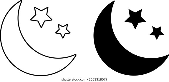 Lua crescente com conjunto de ícones de estrela. símbolo de estrela geométrica. ícones noturnos. projetos astronômicos. desenho ícone de astrologia design