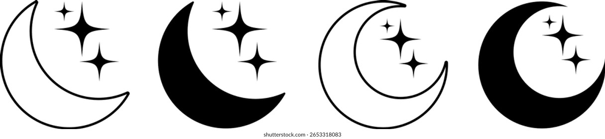 Crescent moon with star icon set. evening sleep calmness and spiritual design. moon and star trendy style. glowing stars decorative
