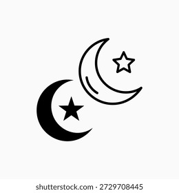 Crescent Moon and Star Icon Set: Umrisse und ausgefüllte islamische Symbole