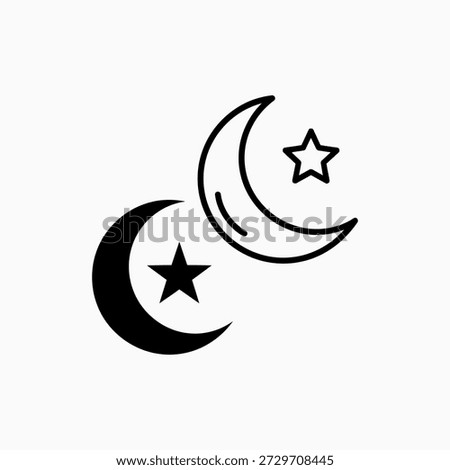 Crescent Moon and Star Icon Set: Outline and Filled Islamic Symbols