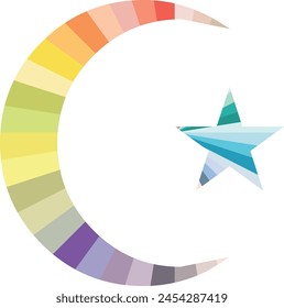 Crescent Moon and Star Icon Form mit mehrfarbiger Innenseite, Crescent Moon und Star Icon Vektorillustration.