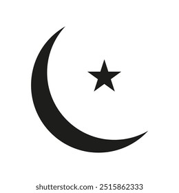 Icono de luna creciente y estrella. Silueta negra simple. Símbolo religioso minimalista. Diseño plano geométrico.