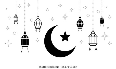 Crescent Moon and Star with Lanterns Vector Silhouette Clipart | Islamic Festival Artwork Illustration of Crescent Moon Stars.