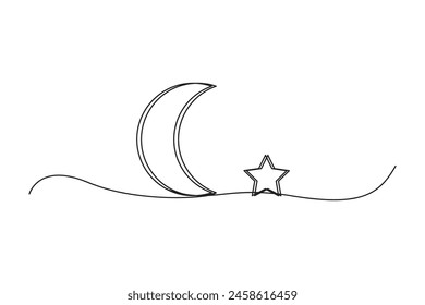 Crescent moon and star line art. Continuous line drawing. Simple minimalistic design. Vector illustration.