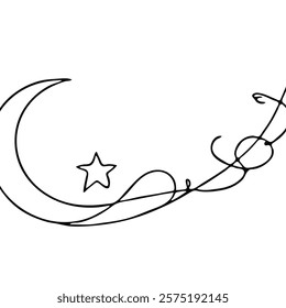 crescent moon, star, line art, Islamic, calligraphy, decorative, vector, graphic design, Ramadan, Eid, Muslim, religious, design element, illustration, minimalist, simple, elegant, black and white