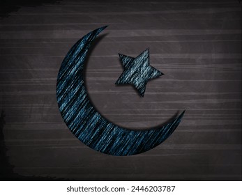 Halbmond mit Stern auf schwarzem hölzernem Hintergrund für muslimisches Gemeindefest, Eid Mubarak Feier.