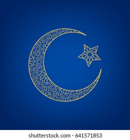 Crescent moon and star on blue background.