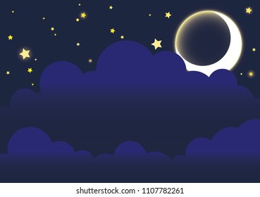 Crescent moon with star on cloud sky at summer night vector background for decoration.