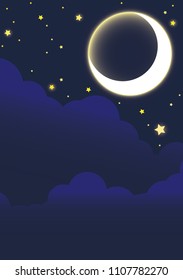 Crescent moon with star on cloud sky at summer night vector background for decoration.