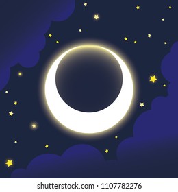 Crescent moon with star on cloud sky at summer night vector background for decoration.