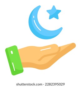 Crescent moon and star on hand denoting concept vector of ramadan