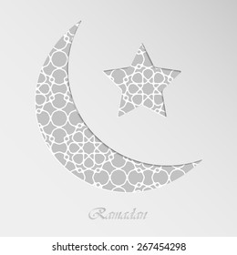 Crescent moon and star on paper background with geometric islamic wallpaper pattern for holy month of muslim community Ramadan Kareem