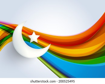 Crescent moon and star on shiny colorful waves, beautiful greeting card design for Muslim community festival Eid Mubarak celebrations. 