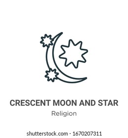 Crescent moon and star outline vector icon. Thin line black crescent moon and star icon, flat vector simple element illustration from editable religion concept isolated stroke on white background